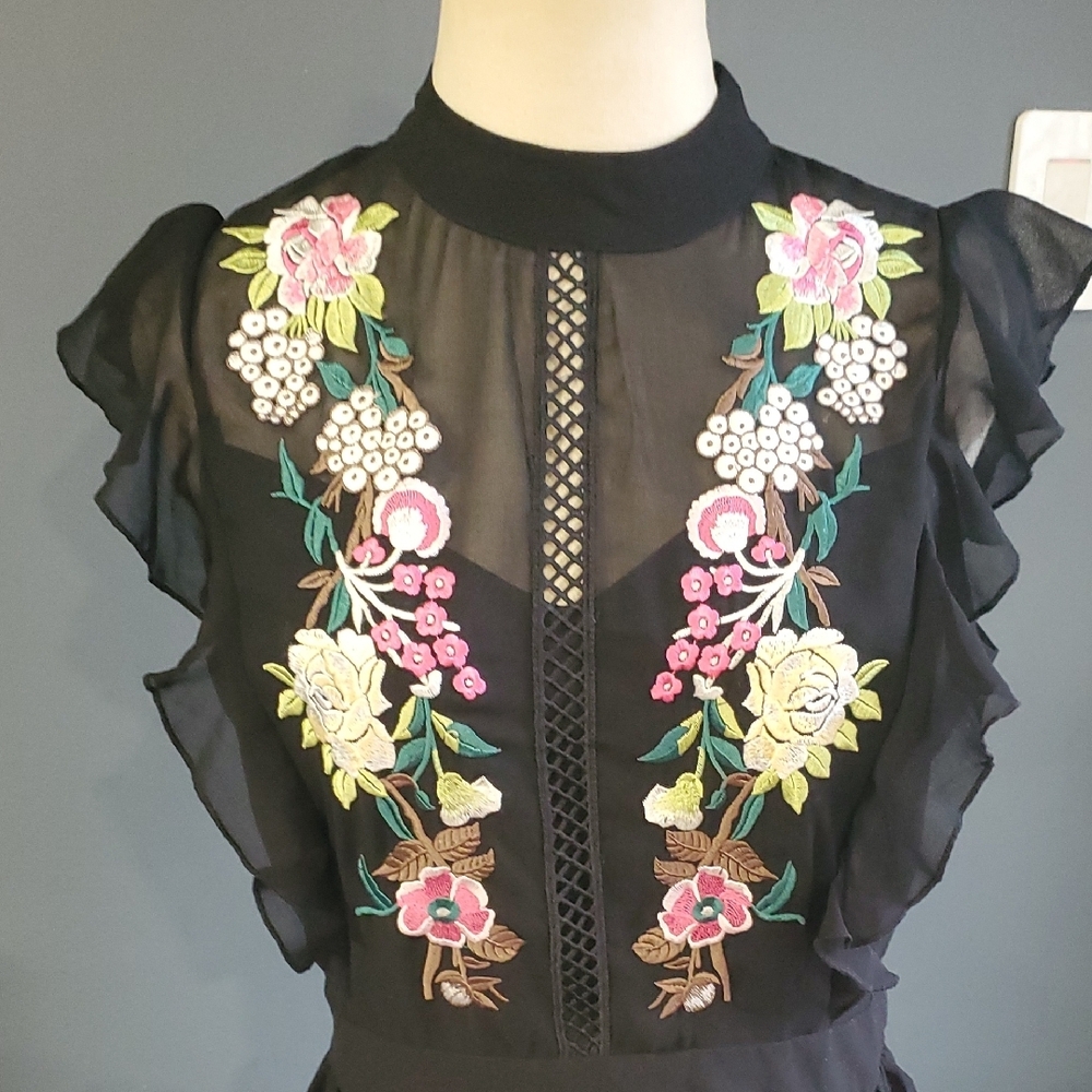 A.Moss Johnny Was Inspired Black Ruffled Tiered Mini Dress Mock Neck - Picture 5 of 17